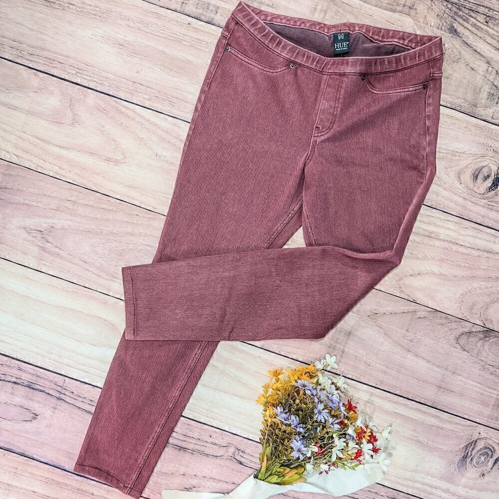 HUE Burgundy Denim Feel Leggings, M